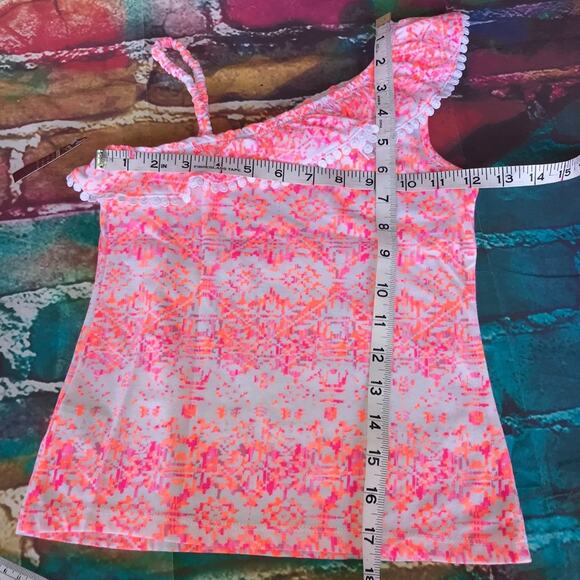 Arizona Jean Co Girls Tank Size Large 6 Fun Orange Pink One Shoulder Ruffle NEW - Picture 5 of 6